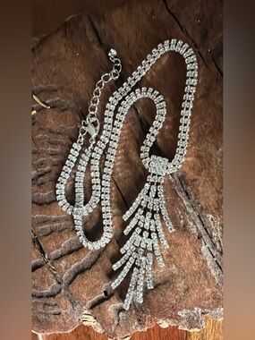 Elegant Silver Tone Crystal Fringe Necklace Double Tennis Necklace Sparkling Cz